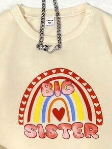 2 件套大姐姐和小妹妹配套羊毛运动服套装，适合女孩，卡通彩虹印花连帽衫和裤子冬季休闲装，杏色