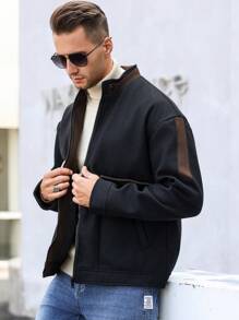 Manfinity Homme Men Solid Color Splicing Front Zipper Long Sleeve Casual Sweater - Black - View 7