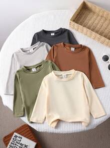 SHEIN Vintaside Kids 5 件套男婴纯色圆领长袖 T 恤，适合休闲、日常穿着和派对、所有季节、秋季上衣 - 彩色 - 查看 8