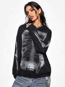 ROMWE Grunge Punk Casual Streetwear Esthetische Film Skeleton X-Ray Grafische Oversized Drop Schouder Dames Hoodie