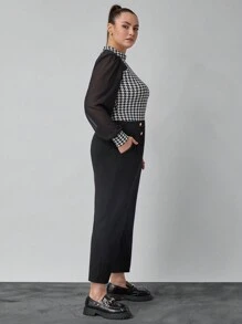 SHEIN Clasi Blusa elegante con cuello alto de pata de gallo en patchwork, talla grande, para mujer, estilo negocios casual de otoño e invierno