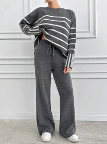 EURMUSE Women Stripe Pattern Round Neck Drop Shoulder Pullover & Sweater Pants Set - Grey - View 4
