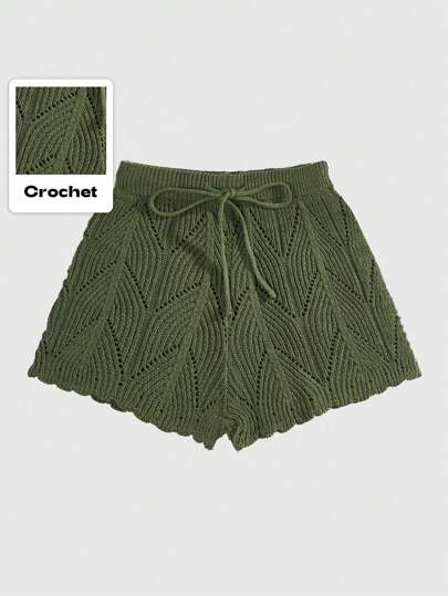 Hippie Summer Drawstring Waist Pointelle Crochet Knit Shorts