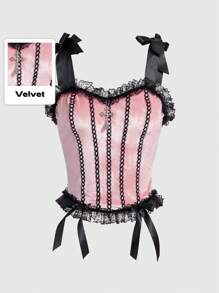 ROMWE Goth Top de terciopelo con camisa interior de contraste con volantes de encaje, camisetas gráficas escolares para mujer