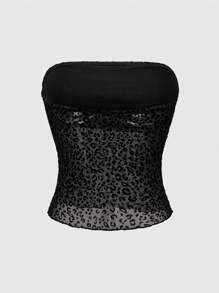 ROMWE Goth Top bandeau de malla transparente con estampado de leopardo para mujer - Negro - Ver 2