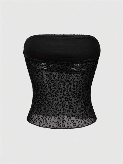 ROMWE Goth Top a fascia in rete trasparente con stampa leopardata da donna
