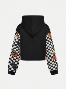SHEIN Tween Tween Girl Black Short Spliced ​​Loose Knitted Hooded Sweatshirt For Girls, Comfortable And Warm Spliced ​​Halloween Digital Print With Colorful English Letters Outdoor Fashion Sports Top Pumpkin Candy Cat Black And White Plaid Digital Print Outdoor Fashion Sports Campus Street Outdoor Festival Sweatshirt Top Long-Sleeved Hooded - Black - View 2