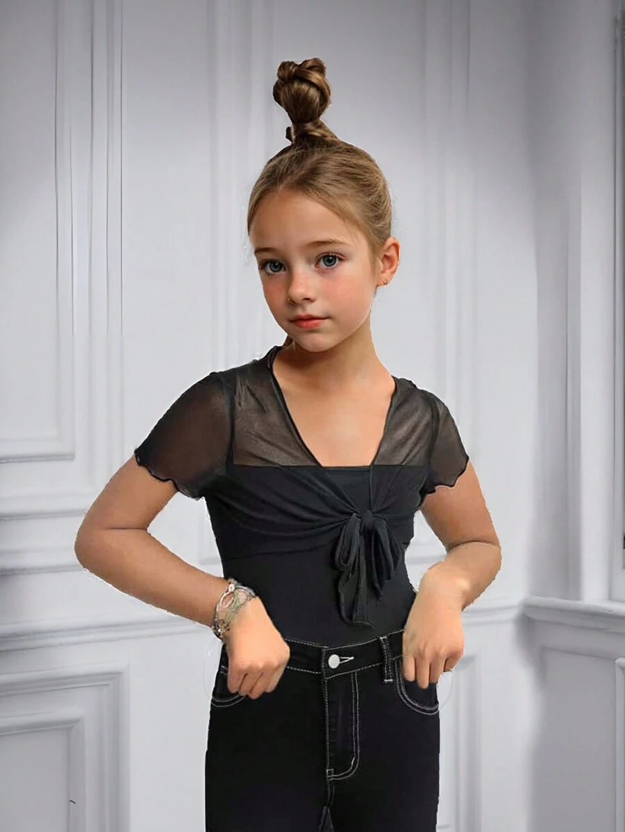 Tween Girl 黑色休闲针织撞色网眼拼接圆领短袖紧身衣