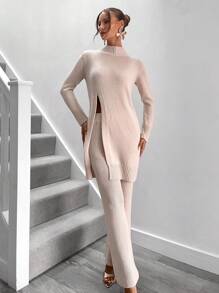 Chiquease Women Stand Collar Slit Hem Fitted Sweater And Flared Pants 2-Piece Set Fall Cloth For Women - Beige - View 5