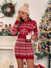 EMERY ROSE Women's Geometric Pattern Christmas Fitted Knit Sweater Dress, Fall/Winter Clothes - Red and White - View 1