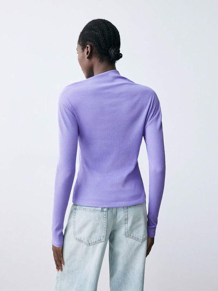 SHEIN Maija Women's Autumn Purple Solid Color Long Sleeve Casual Rib Knit T-Shirt