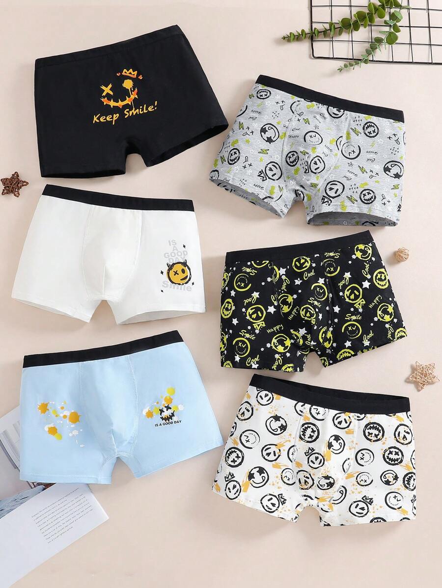 6pcs/Pack Teen Boys' Minimalist Retro Smiling Face Printed Soft Cotton Boxer Briefs