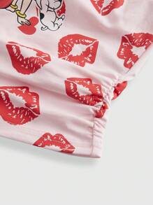 Betty Boop | ROMWE 女式卡通人物与唇印拼接蕾丝蝴蝶结细节褶皱修身抹胸，夏季 - 粉色 - 查看 4