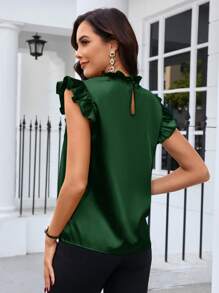 SHEIN Clasi 绿色缎面立领荷叶边盖袖衬衫、无袖上衣 - 軍綠色 - 查看 2