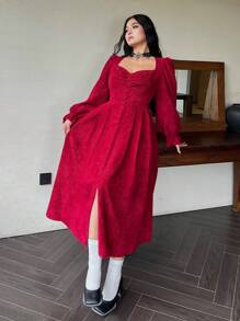 SHEIN Clasi 大码优雅红酒中长连衣裙，高腰，灯笼袖，纽扣细节，褶皱领和厚灯芯绒面料，适合秋冬季派对、会议、约会 - 酒紅色 - 查看 6