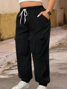 SHEIN LUNE Plus Size Women's Solid Color Black Front Tie Pocket Simple Casual Cargo Pants - Black - View 1