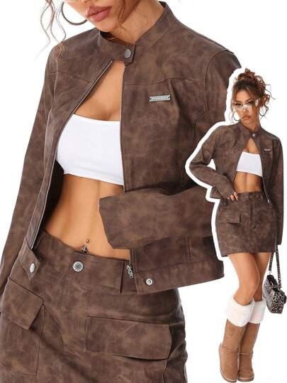 Muchica Women's Fall/Winter Goth Vintage Western Leather Bodysuit Jacket