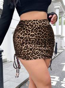 SHEIN EZwear 大码、节日、派对、秋季女装、秋季女装、优雅、叠穿、豹纹褶皱抽绳腰迷你裙 - 彩色 - 查看 2