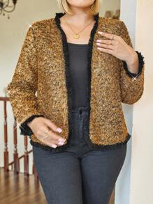 Plus Size Women Fur Trim Long Sleeve Open Front Elegant Jacket, Fall/Winter - Black - View 4