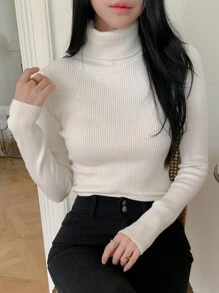 DAZY New Arrival Solid Color Turtleneck Slim Fit Sweater, Autumn,Long Sleeve Tops,Fall Women Clothes - White - View 7
