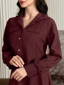 Mulvari Burgundy Red 2pcs Women's Solid Color Flare Hem Dress And Lantern Sleeve Hooded Jacket Set 2 Pieces Set Fall Cloth For Women - Burgundy - View 5