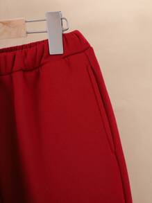 SHEIN Leap Crew 2pcs Tween Girl Loose Casual Simple Cozy Hoodie And Drawstring Pants Set - Burgundy - View 5