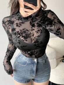 DAZY 女式花卉印花透明长袖衬衫外出上衣，秋季服装 - 黑色 - 查看 2