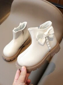 Giày bốt cho bé gái, Giày bốt đế mềm cho trẻ em mùa xuân/thu mới, Giày bốt da hoa lớn phong cách Anh đa năng Campus Fashion cho trẻ em, Giày bốt mềm cho bé, Giày bốt cho trẻ em - Màu be - Xem 2