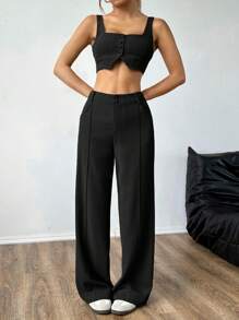 SHEIN EZwear 2 件套女士夏季纯色短款上衣和阔腿裤休闲装 - 黑色 - 查看 4