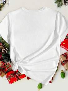 SHEIN LUNE 圣诞快乐圣诞老人和鹿印花 T 恤 - 白色 - 查看 2