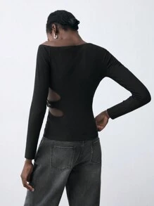 Maija Women's Black Solid Asymmetric Neck Hollow Waist Metal Buckle Fitted Casual Urban Long Sleeve T-Shirt Tops For Early Spring, Suitable For St. Patrick's Day, Easter, Chinese New Year, Music Festivals