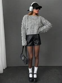 EURMUSE Jersey de cuello redondo con detalles de flecos para mujer - Gris - Ver 5