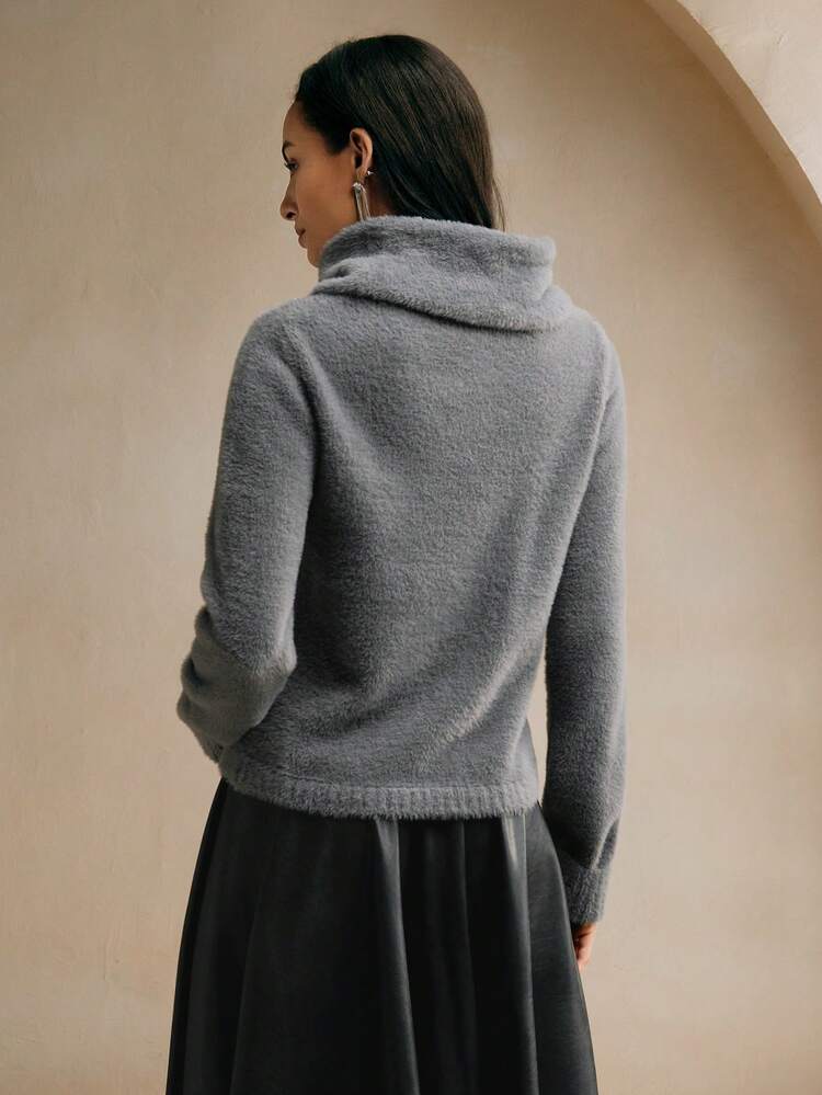 Faux Pearls Studded Cowl Neck Sweater For Autumn & Winter, Knit Pullover Fall