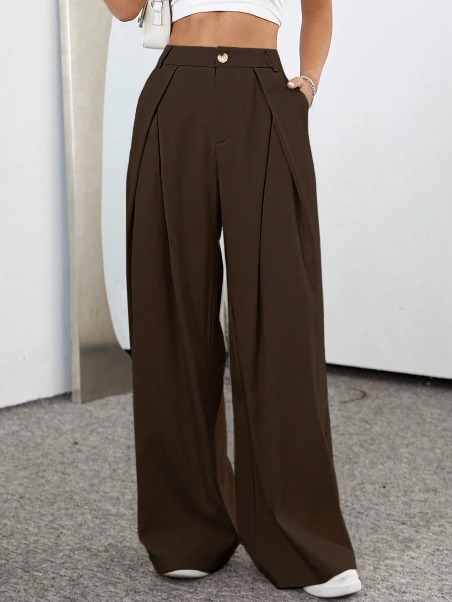 Flirla Casual Solid Color Wide Leg Pants - Coffee Brown - View 1