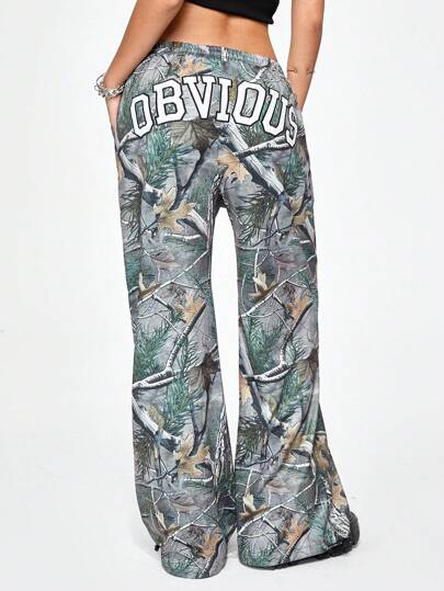 Grunge Punk Women's Loose Waistband Wide Leg Sweatpants With Vintage Inspired Tree Branch & Letter Embroidered Patches