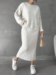 SHEIN Cottnline Women Solid Color Round Neck Drop Shoulder Pullover & Sweater Skirt Set - Beige - View 6