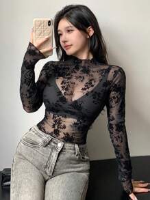 DAZY Áo ren xuyên thấu mới cho nữ mùa thu, áo dài tay mỏng, cổ lọ cho nữ - màu đen - Xem 4
