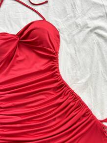 Soleia Sexy Spaghetti Strap Tie Front Twist Drawstring Mini Dress - Red - View 5