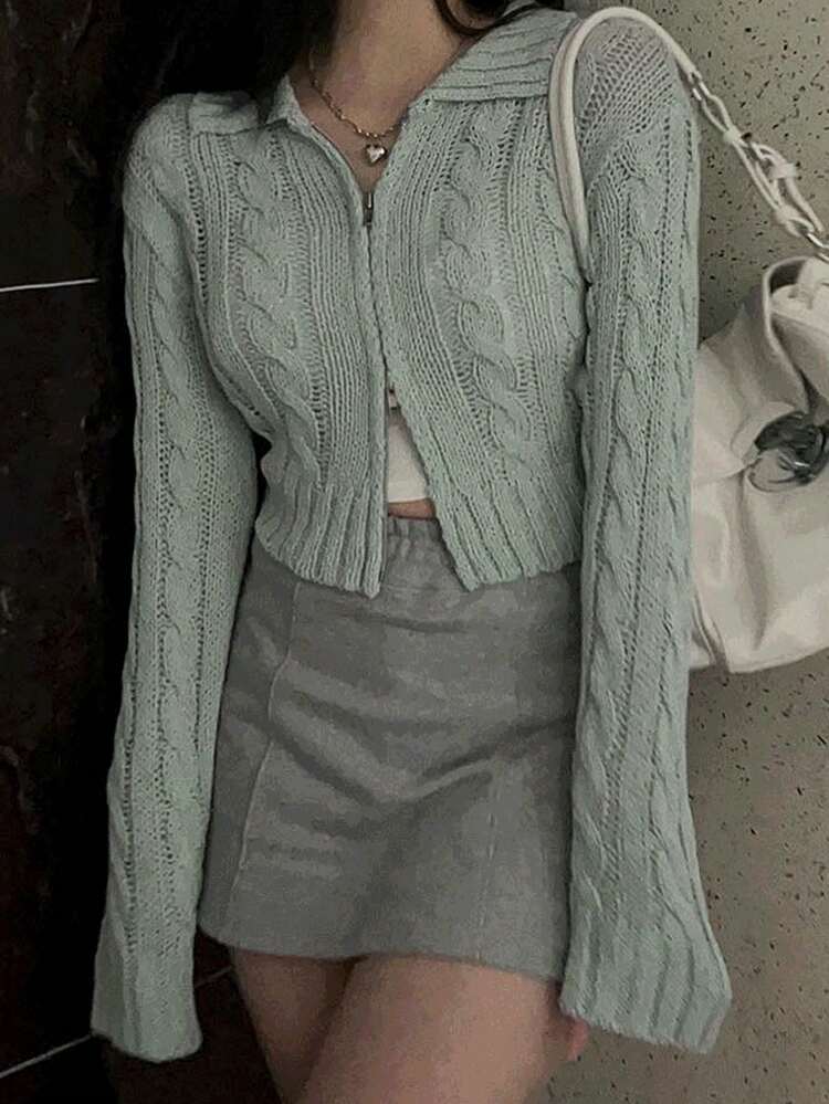Women's Solid Color Cable Knit Zip-Up Cardigan
