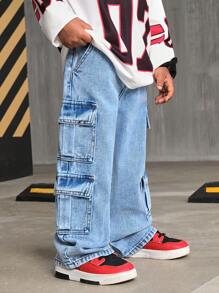 SHEIN Explorewe Pantalones cargo de mezclilla desgastada para niño, pierna recta con ajuste ancho, informal - Azul lavado medio - Ver 8