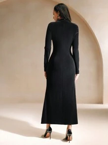 Anewsta Vestido largo de mujer con manga larga, cuello alto de malla transparente en contraste, con aplicaciones, vestido elegante de talla maxi