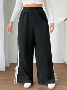 SHEIN EZwear Spodnie damskie Plus Size z elastycznym pasem i bocznymi paskami, luźne, swobodne, czarne