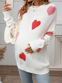 SHEIN 孕妇心形图案长袖针织毛衣，秋冬款 - 白色 - 查看 3