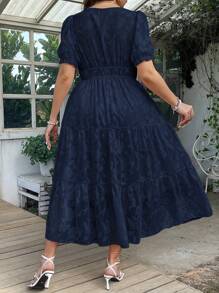 SHEIN Clasi 大码女式 V 领提花镂空优雅连衣裙长款女装 - 藍色 - 查看 2