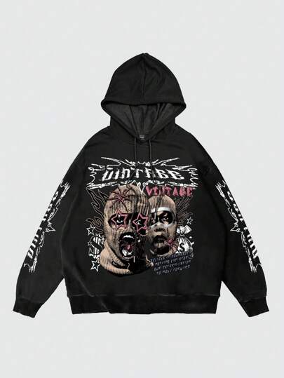 Street Life Men's Retro Slogan & Portrait Print Hoodie, Street Style