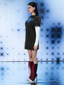 FREAK CITY Designer Women 2-In-1 Contrasted Sleeve Printed Washed Retro Street Black T-Shirt Dress, Holiday, Vacation, Spring, Festival, Ibiza Fits, Graphic Tees - Black - View 7