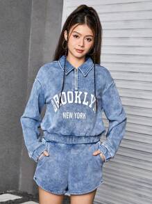 SHEIN Explorewe 2 件套青少年女孩图案印花套头连帽衫运动衫和牛仔短裤休闲街头服饰套装 - 中等水洗藍 - 查看 6