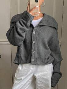 DAZY 女士宽松纯色翻领纽扣前开衫、长袖上衣、秋季女装 - 灰色 - 查看 6