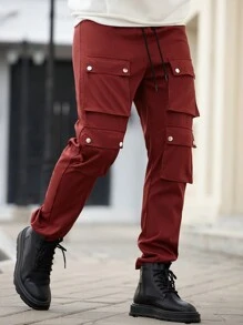 Manfinity CasualCool Men's Casual Solid Cargo Pants With Front Drawstring & Multiple Pockets