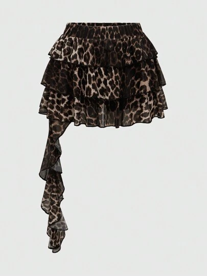 ROMWE Grunge Punk Y2K Harajuku Leopard Print Layered Asymmetrical Hem Women's Skirt